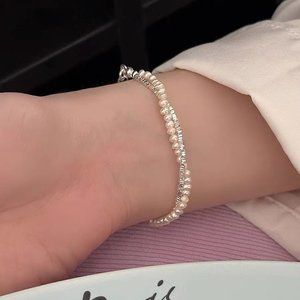 Shredded silver double freshwater pearl winding bracelet